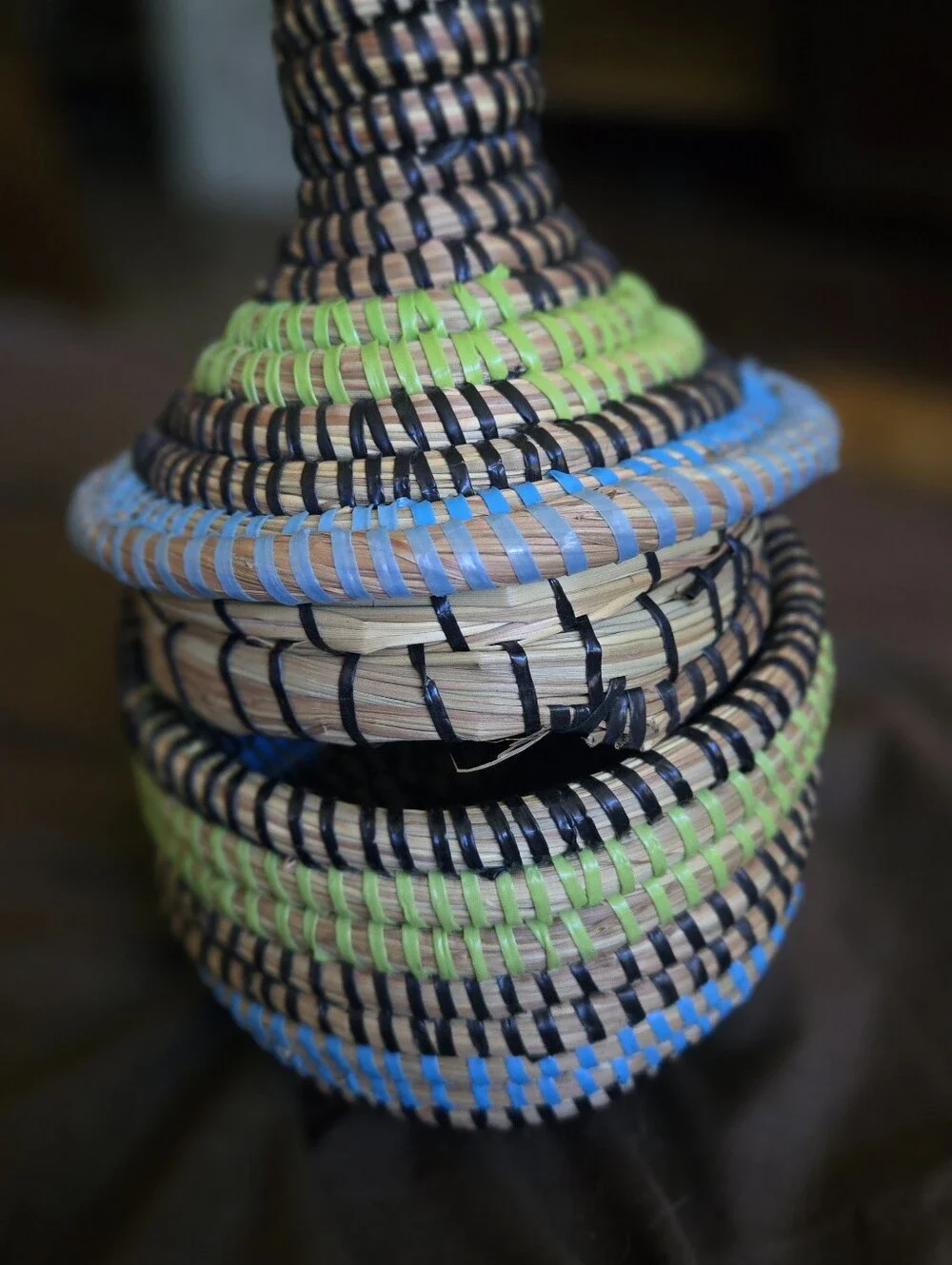 Handwoven Blue & Green Decorative Lidded Basket -Handmade